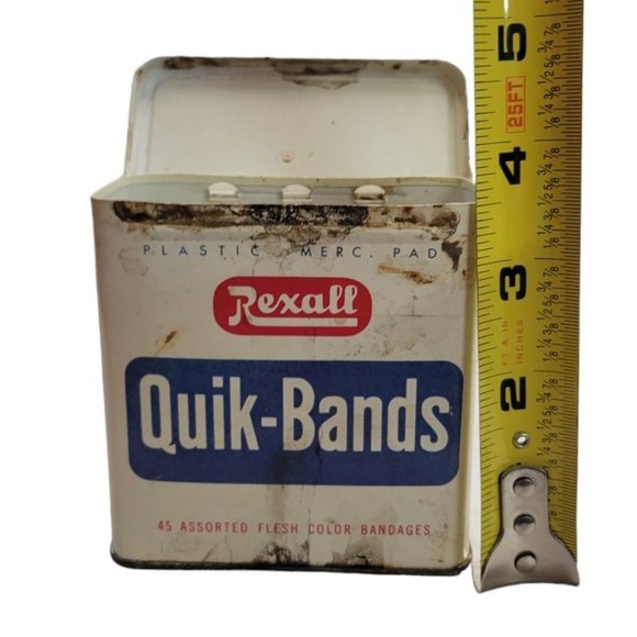 Vintage Rexall Quik Bands Metal Tin Box Pro Cap Bandages Empty Retro First Aid - Picture 9 of 11